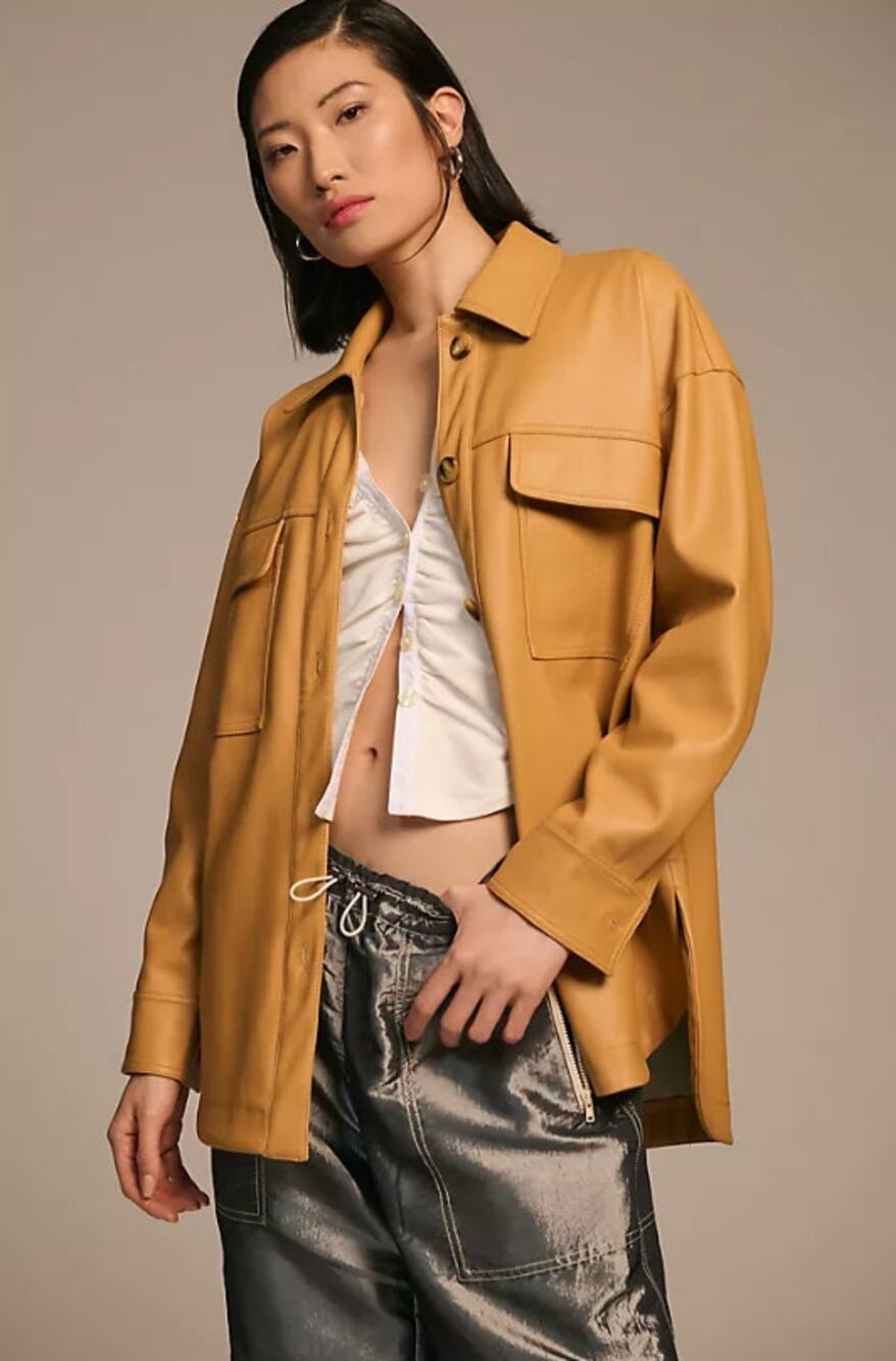 Maeve Anthropologie Faux Leather Shacket Camel Tan Button Front Oversized Large